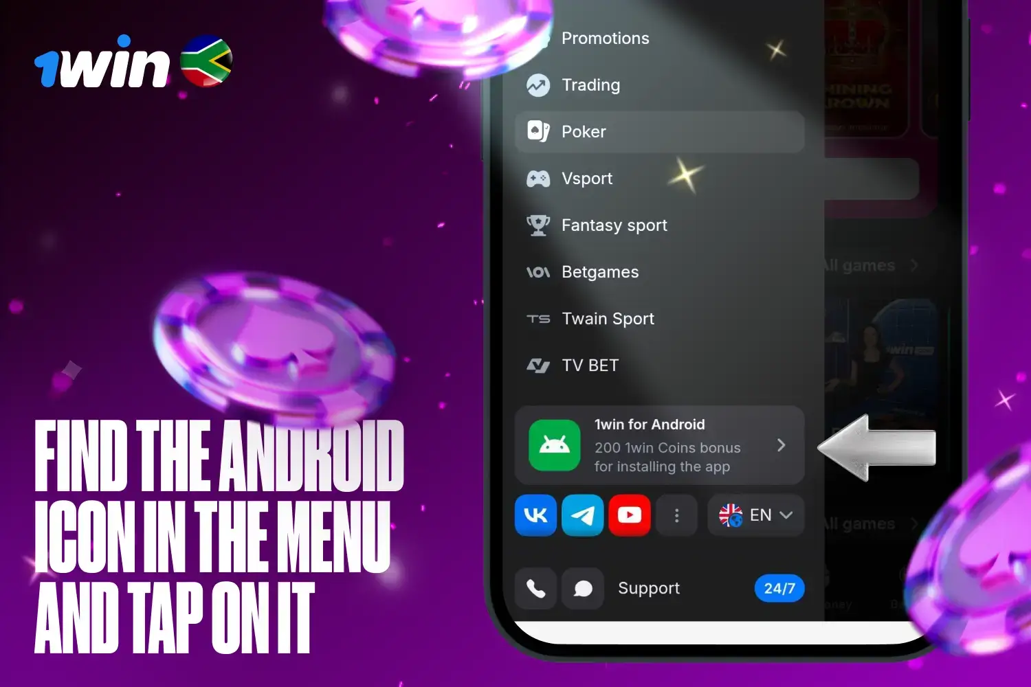 Step 2 highlighting the Android icon to download the 1win APK