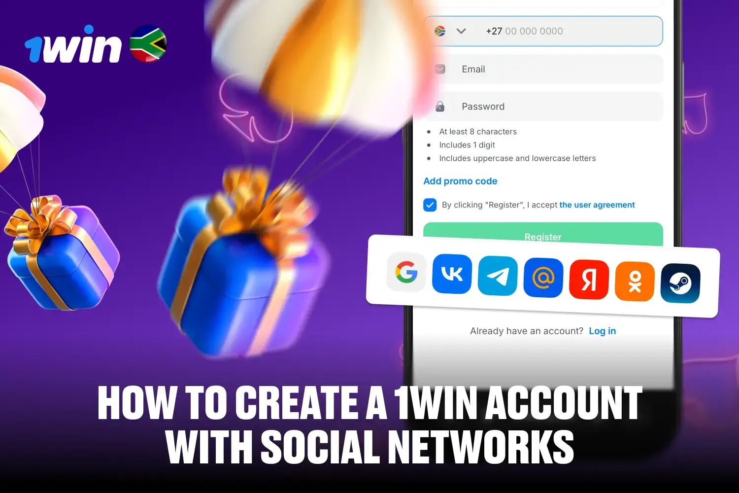 Social network registration options including Google and Telegram integration